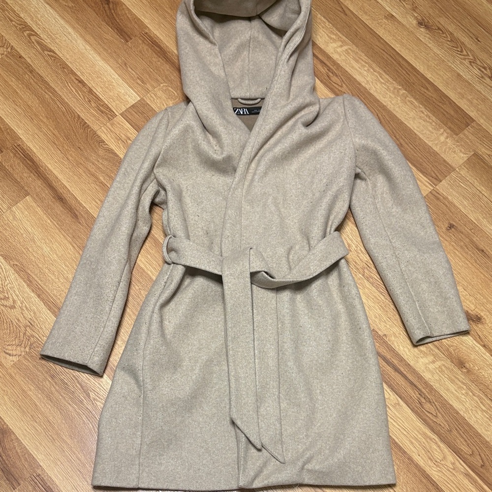 Zara Light Tan Hooded Wrap Coat
